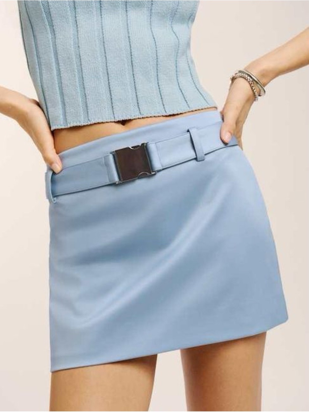 Reformation Carla Low Waist Belted Satin Mini Skirt Mineral Blue